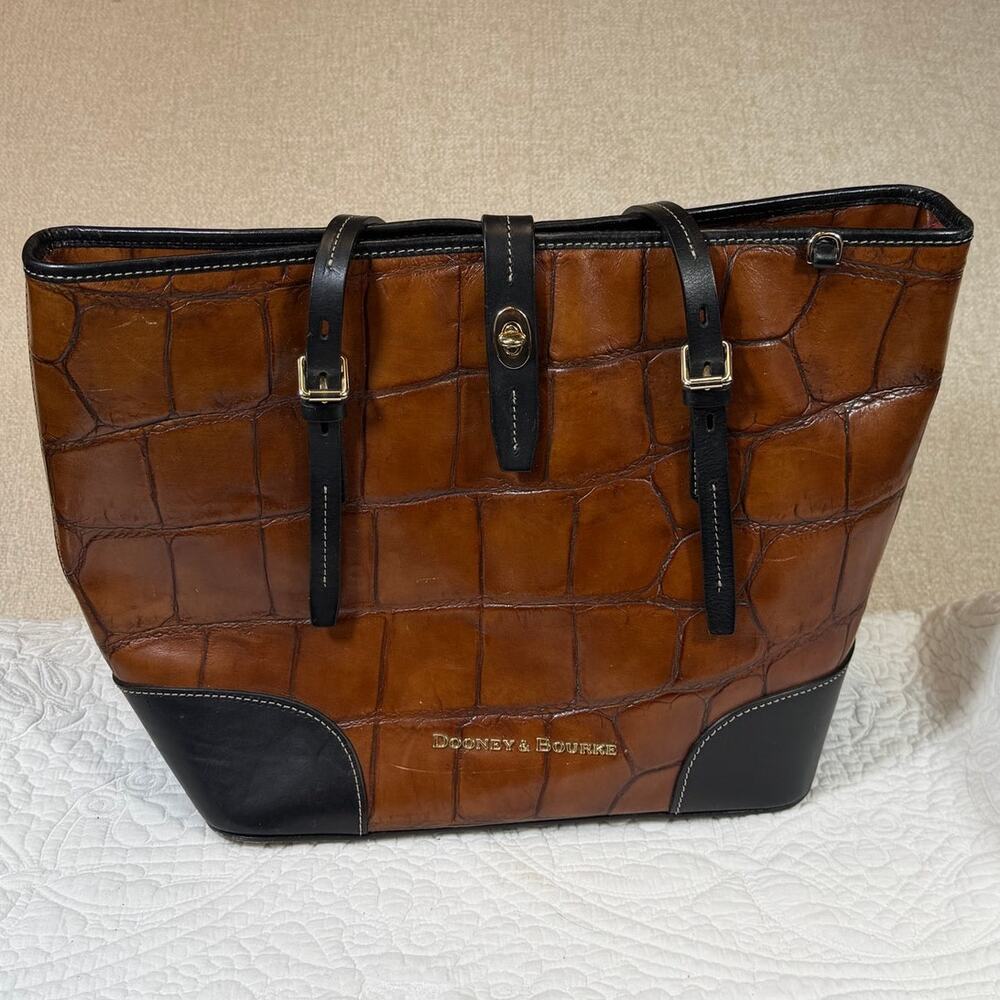 Dooney & Bourke Women Brown Black Croc Embossed Leather Designer Tote Bag Purse